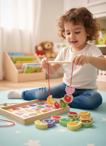 "Wooden Fruit Lacing Toy Set for Kids – Educational Learning Toy with Colorful Fruit Shapes and Lacing Thread – Develop Fine Motor Skills and Hand-Eye Coordination"