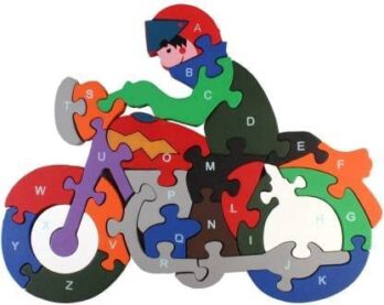 Wooden Motorcycle Rider Puzzle Toy – Alphabet & Number Learning for Kids