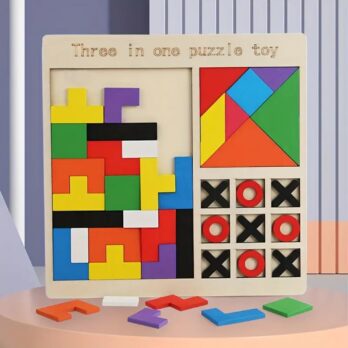 Wooden 3-in-1 Puzzle Game for Kids | Tangram Shape Sorter, XO Tic-Tac-Toe & Building Blocks | Montessori Educational Toy for Early Learning.